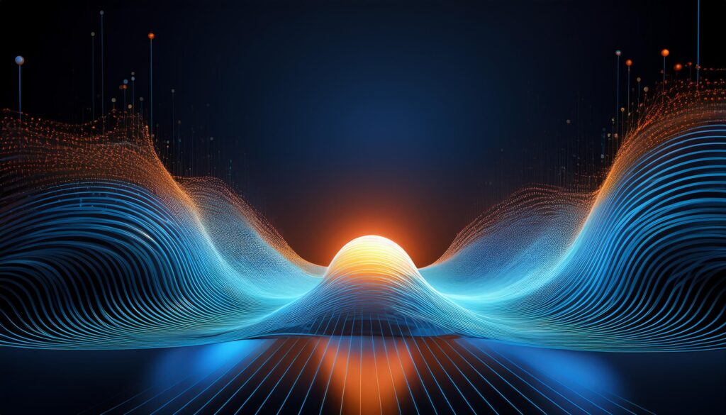 Firefly blue wave of technology coming from a small glowing orange ball, the ball is in the far righ (1)
