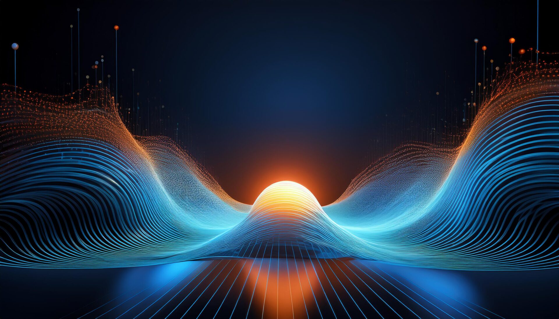 Firefly blue wave of technology coming from a small glowing orange ball, the ball is in the far righ (1)
