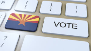 Arizona Vote in State. State Flag and Button 3D Illustration