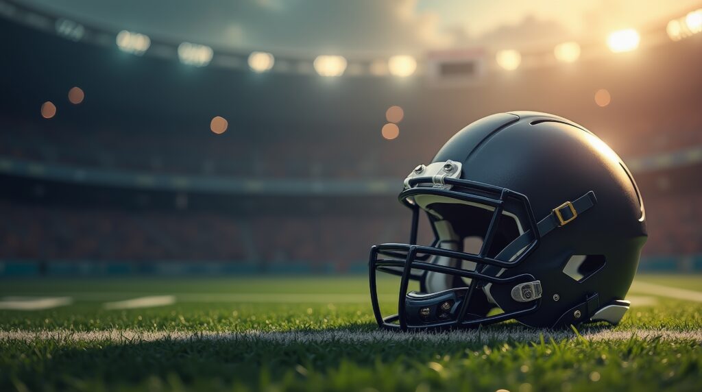 American football helmet on grass field in illuminated stadium at sunset. Sports equipment in a game setting, copy space