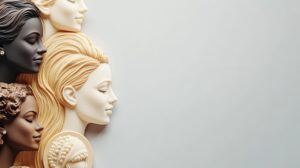 A historical Women's History Month tribute with symbolic icons and empowering images against a dignified gray background, macro shot, Minimalist style