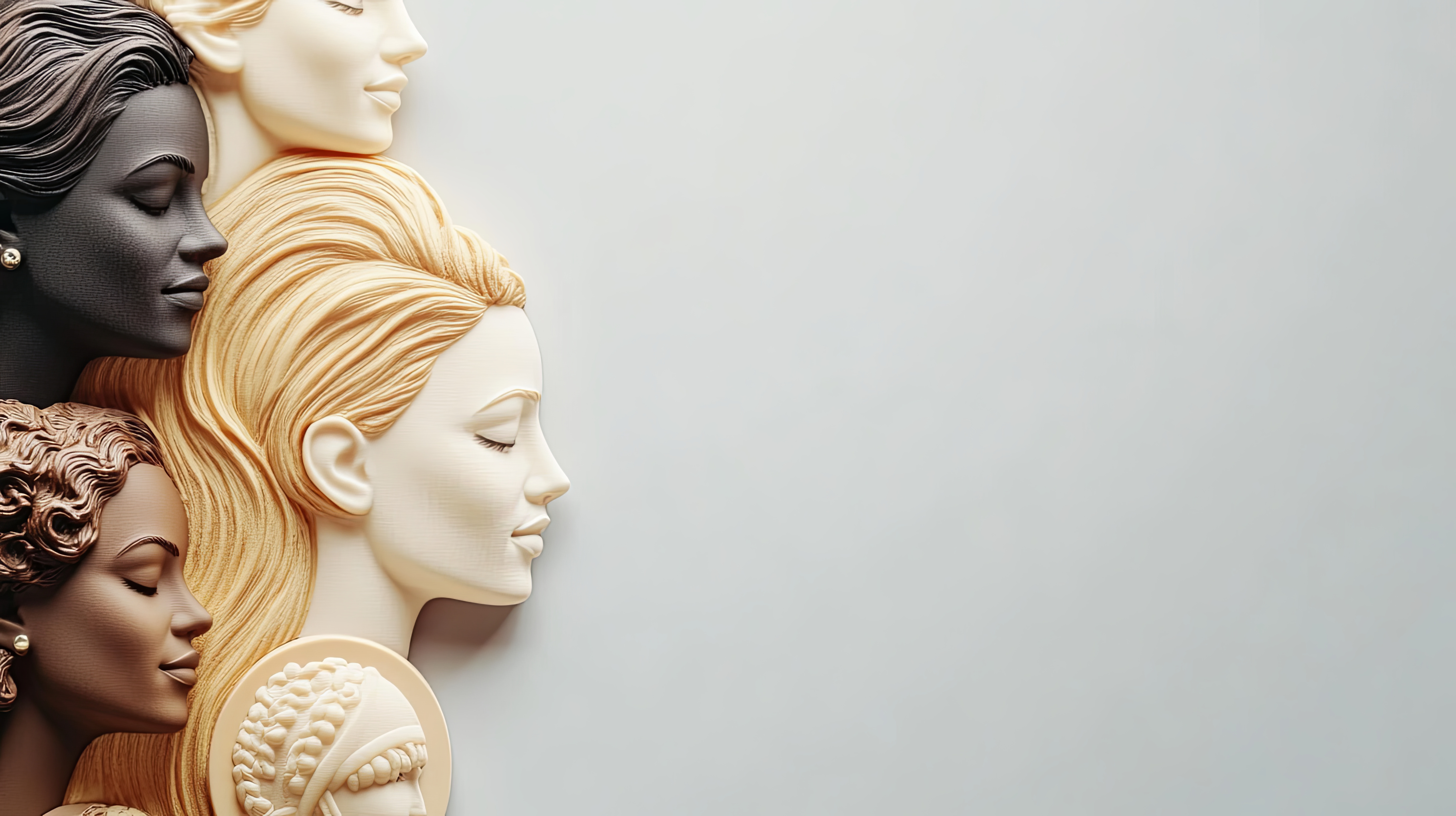 A historical Women's History Month tribute with symbolic icons and empowering images against a dignified gray background, macro shot, Minimalist style