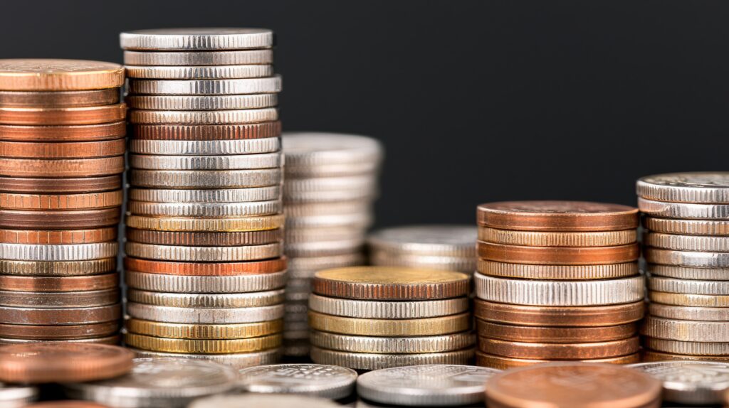 An assortment of stacked coins showcasing different sizes and colors, representing currency, wealth, and financial concepts.