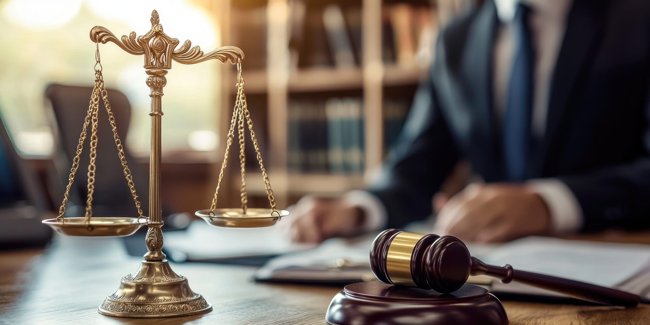 A lawyer in a formal office consulting with the companyâ€™s general counsel.