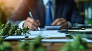Businessman signing documents with cannabis plant on the desk, representing legal cannabis industry and professional agreements.