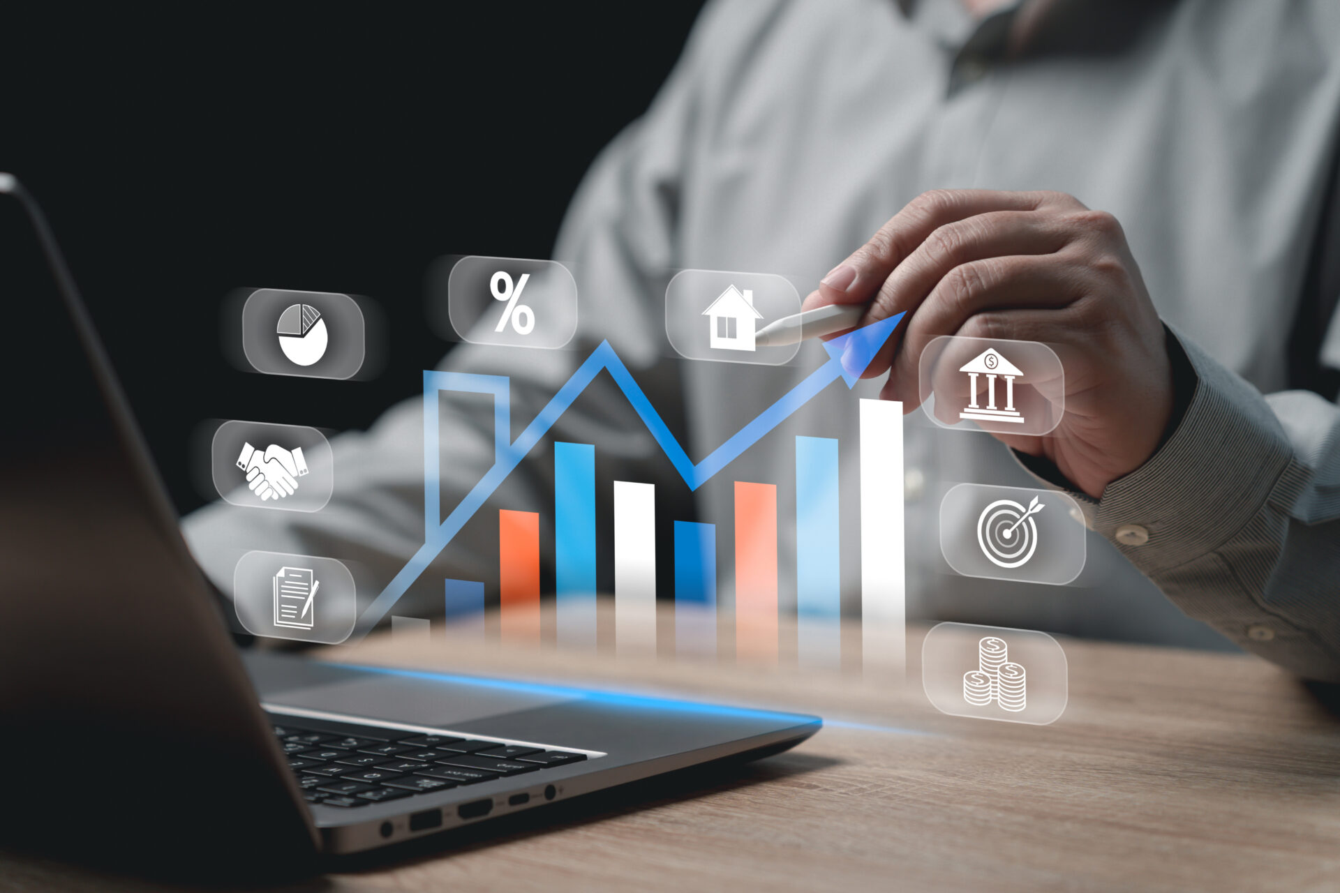 Real estate investment concept, Businessman sell properties for profit, Real estate investment, Cash flow, appreciation, Tax advantages, Buy and sell houses online, Residential development project