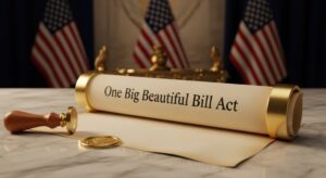 A rolled up bill with the text one big beautiful bill act sits on a desk with an official seal and stamp, with american flags in the background