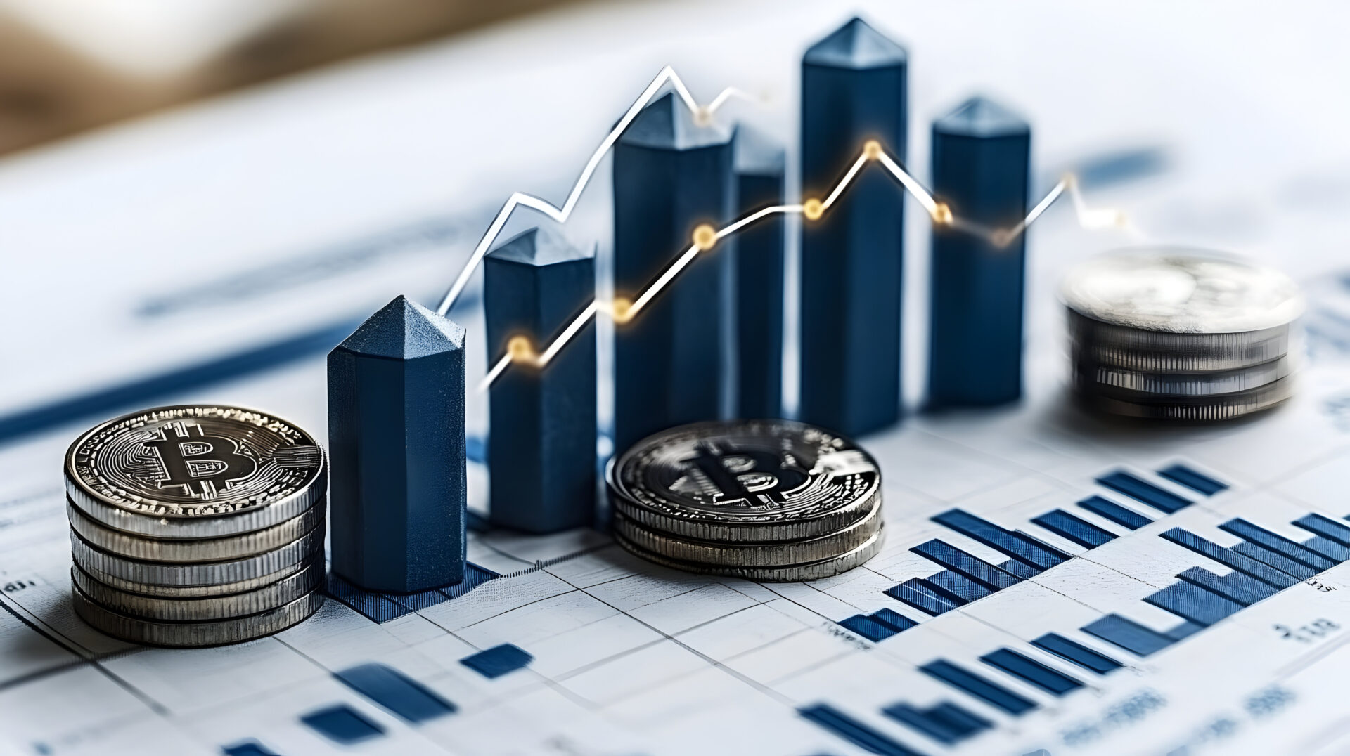 Bitcoin cryptocurrency growth chart with stacked coins on financial report.