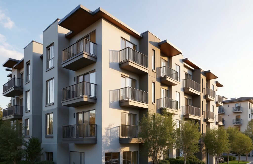 Modern apartment building exterior. Contemporary rental units in Silicon Valley. Residential architecture. Urban housing, multi family homes. Luxury condo living, real estate, housing market,