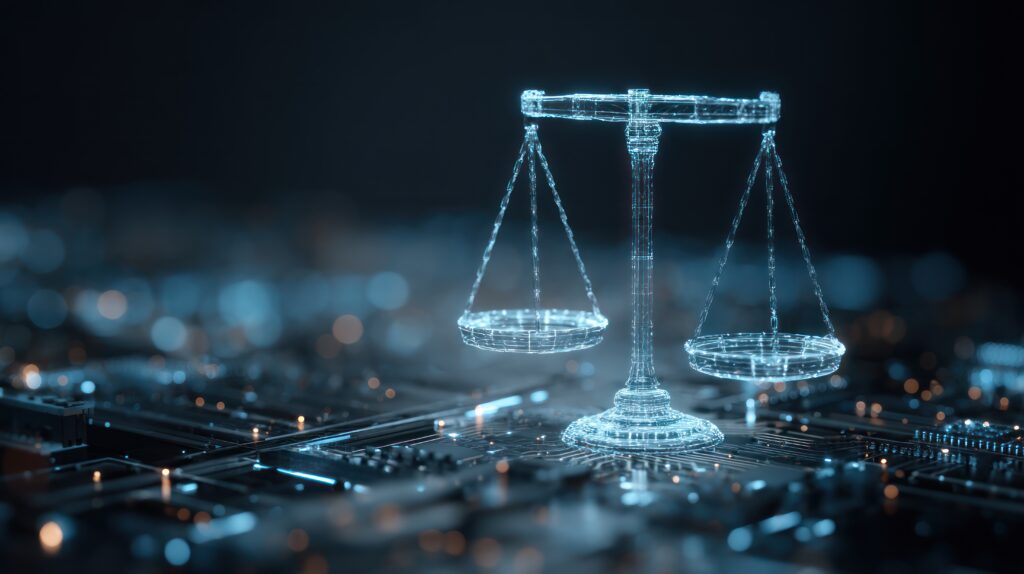 Digital scales of justice hover above a complex circuit board background.