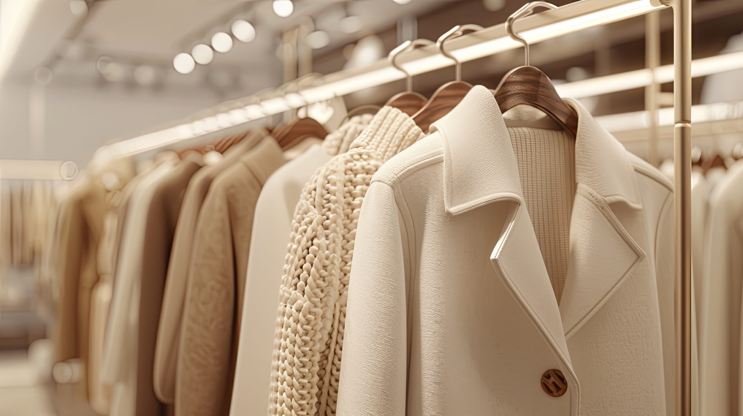 A sophisticated display of a white beige coat and sweater on hangers in a high end fashion store. These classic pieces showcase timeless elegance in women's fashion.